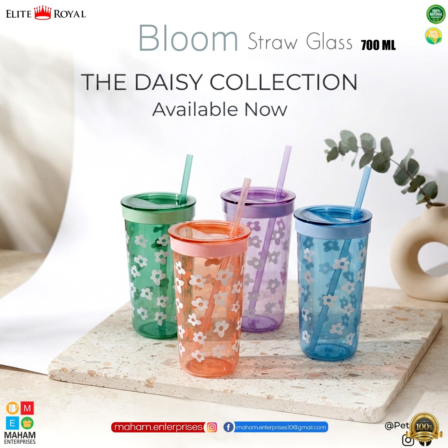 Elite Royal Bloom Straw Glass 700ml | BPA-Free Reusable Drinking Cup with Straw