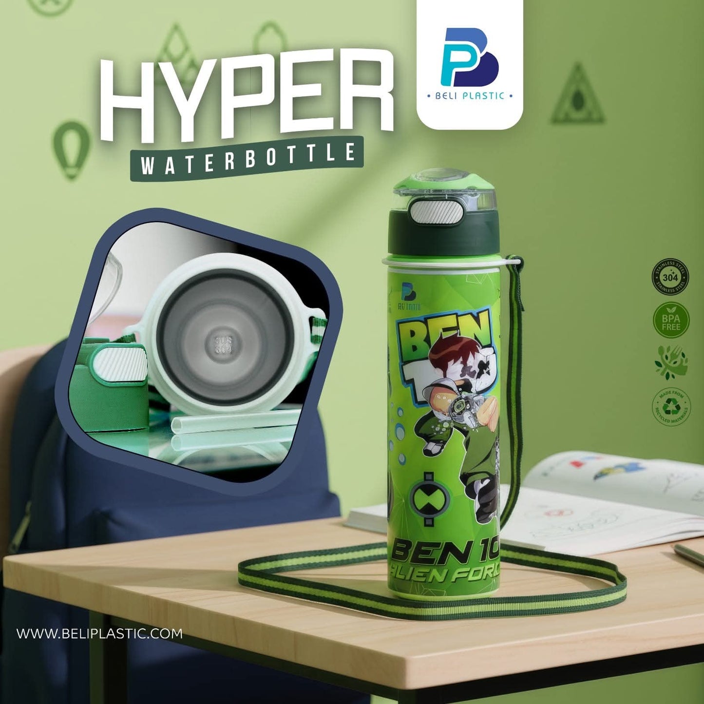 Hyper Character Printed Water Bottle with Steel Inner – Available in 450ml & 650ml | Flip Top School Water Bottle