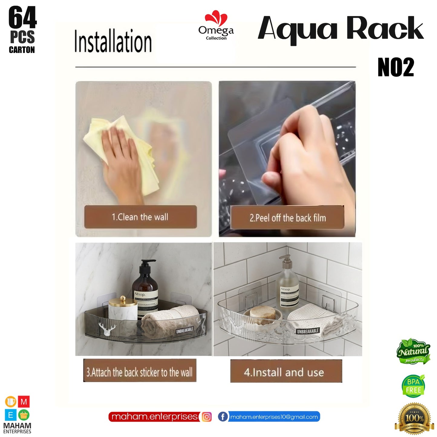 Wall Mounted Corner Storage Rack 22 x 22 x 6 cm | Drill-Free Bathroom Kitchen Organizer | Transparent Unbreakable Shelf