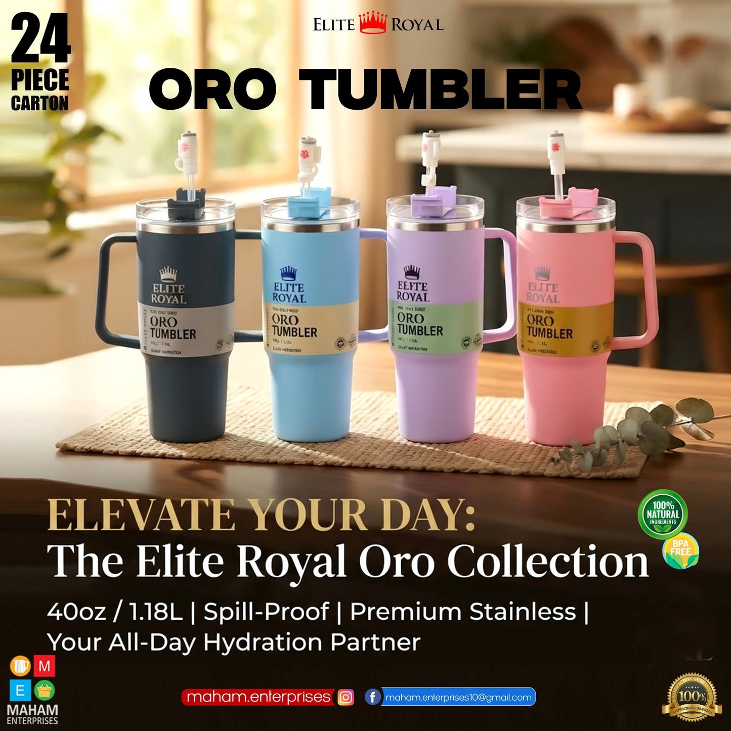 Oro Tumbler Insulated Travel Mug with Handle, Straw & Lid | Reusable Stainless Steel Cup