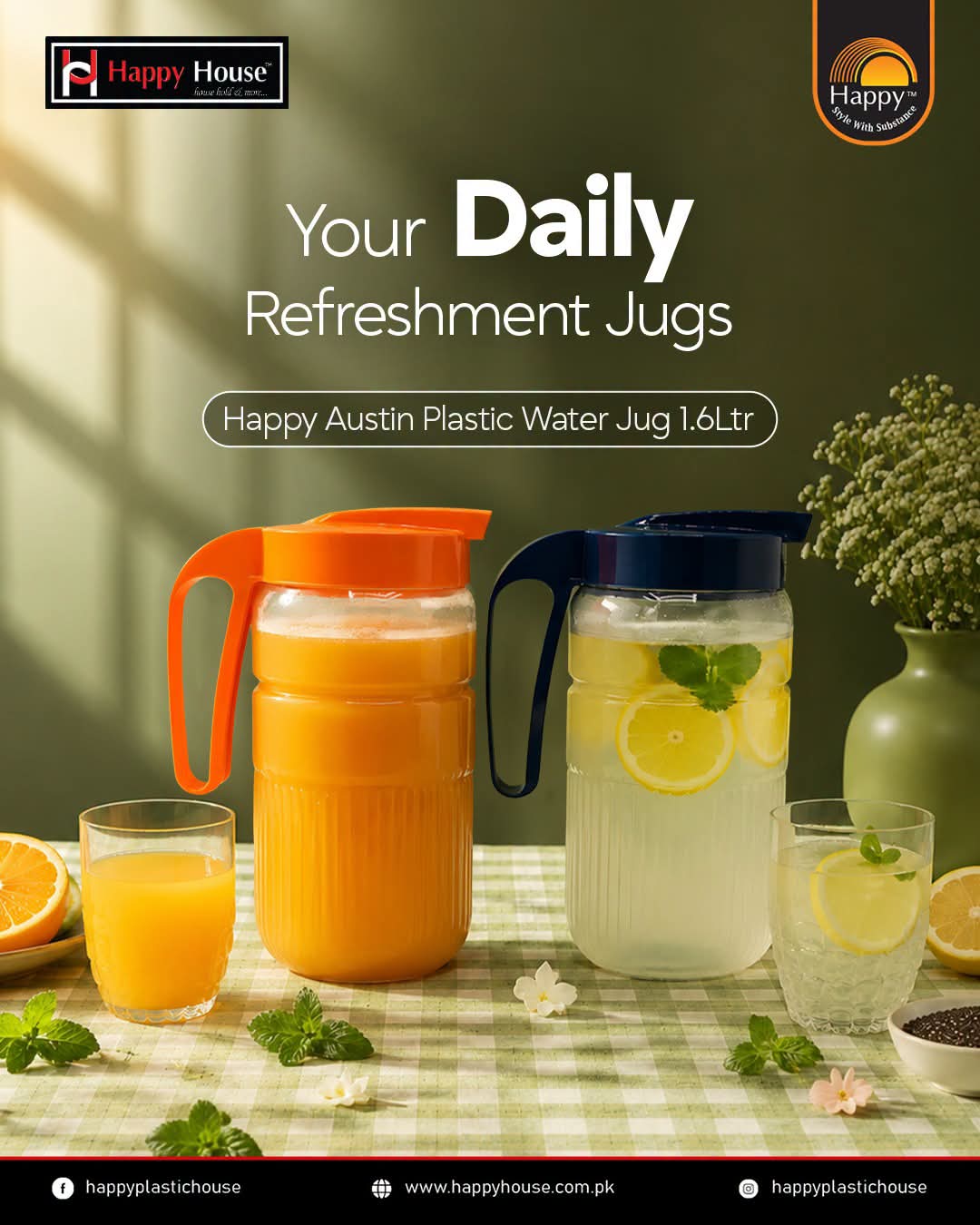 Austin Plastic Water Jug with Lid – 1.6L BPA Free Water Pitcher for Juice, Water & Cold Drinks