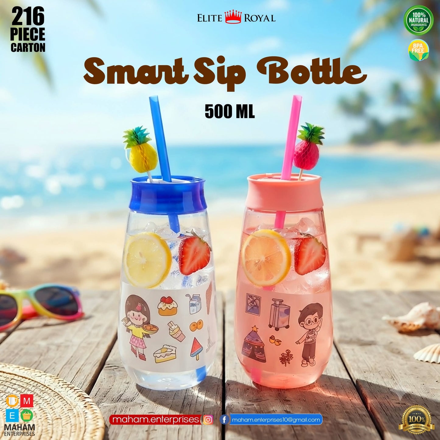 Elite Royal Smart Sip Bottle 500ml | BPA-Free Kids Water Bottle with Straw