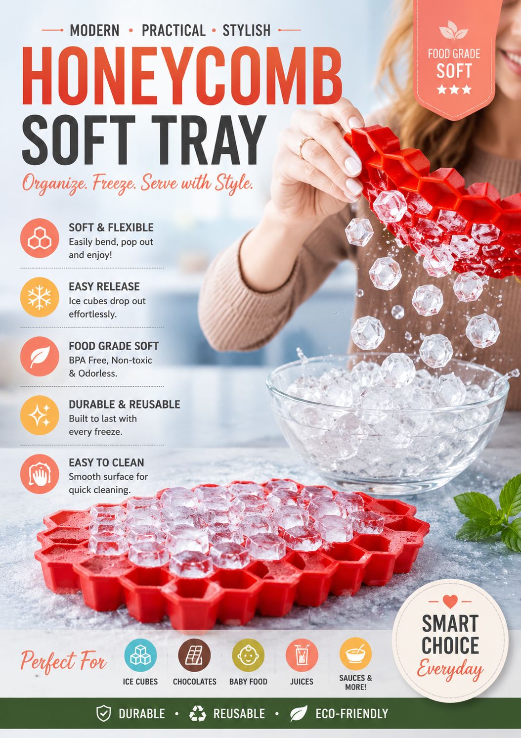 Honeycomb Silicone Ice Cube Tray – BPA Free Flexible Ice Mold for Ice Cubes, Chocolate & Baby Food