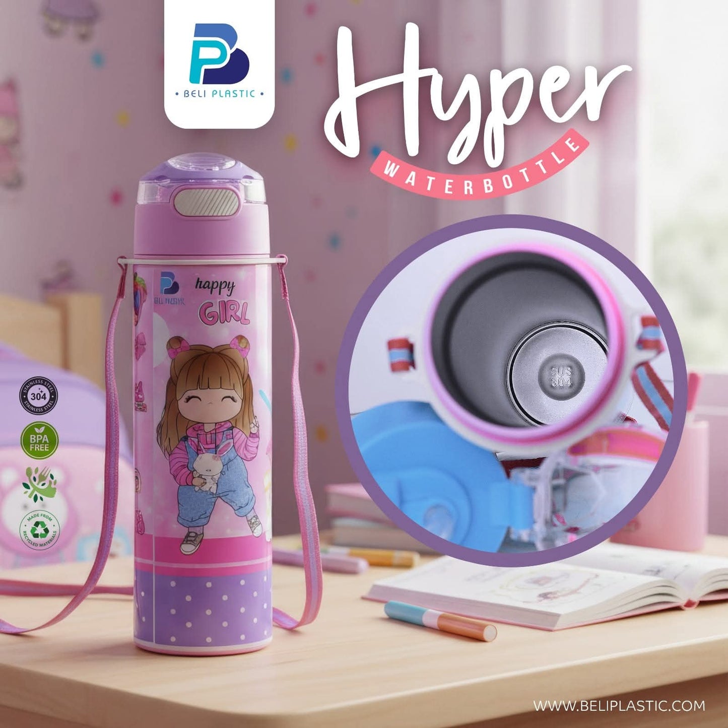 Hyper Character Printed Water Bottle with Steel Inner – Available in 450ml & 650ml | Flip Top School Water Bottle