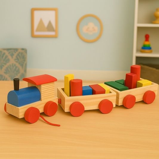 Wooden Multicolor Geometric Shapes Sorting Train
