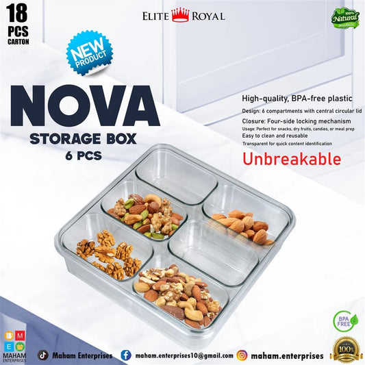 NOVA Multi-Compartment Storage Box | BPA-Free Unbreakable Plastic | Airtight Lock | Dry Fruits, Snacks & Kitchen Organizer