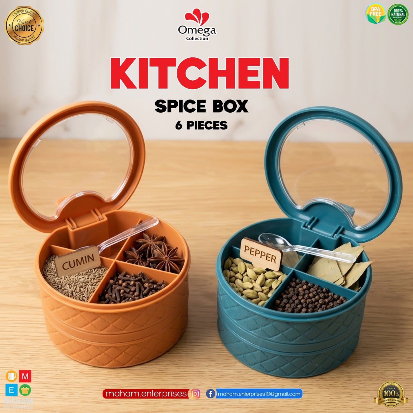 Kitchen Spice Box with Mirror Lid | 4 Compartment Masala Storage Organize
