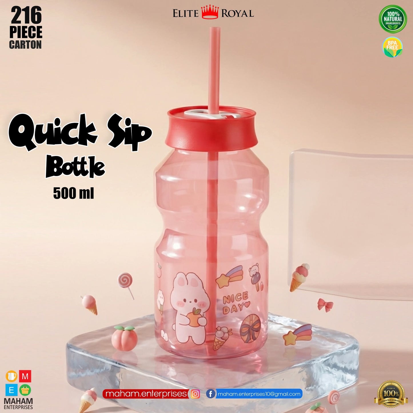 Elite Royal Quick Sip Bottle 500ml | BPA Free Leak-Proof Kids Water Bottle with Straw