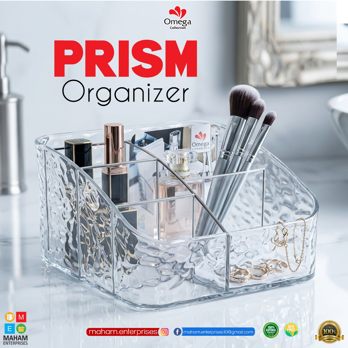 Prism Organizer Clear Multi-Compartment Storage Box – Transparent Makeup, Skincare & Bathroom Vanity Organizer