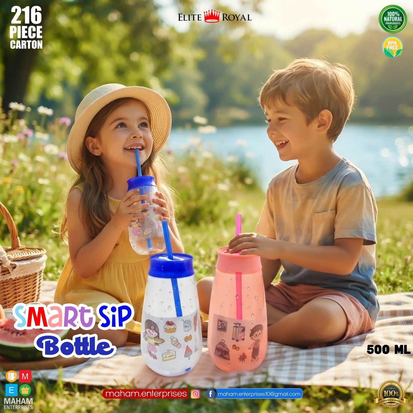 Elite Royal Smart Sip Bottle 500ml | BPA-Free Kids Water Bottle with Straw