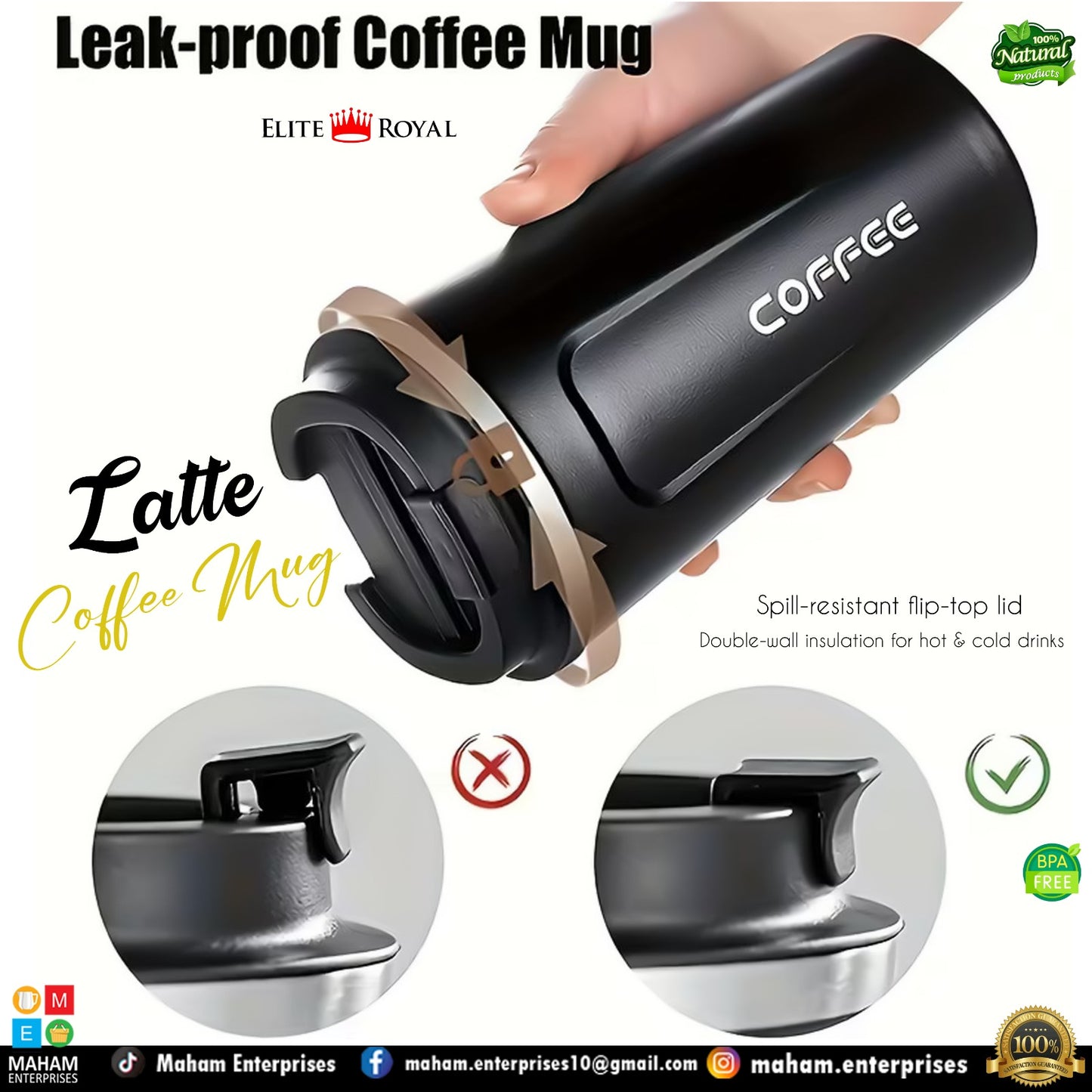 Elite Royal Insulated Coffee Mug with Flip Lid | BPA-Free Travel Cup for Hot & Cold Drinks