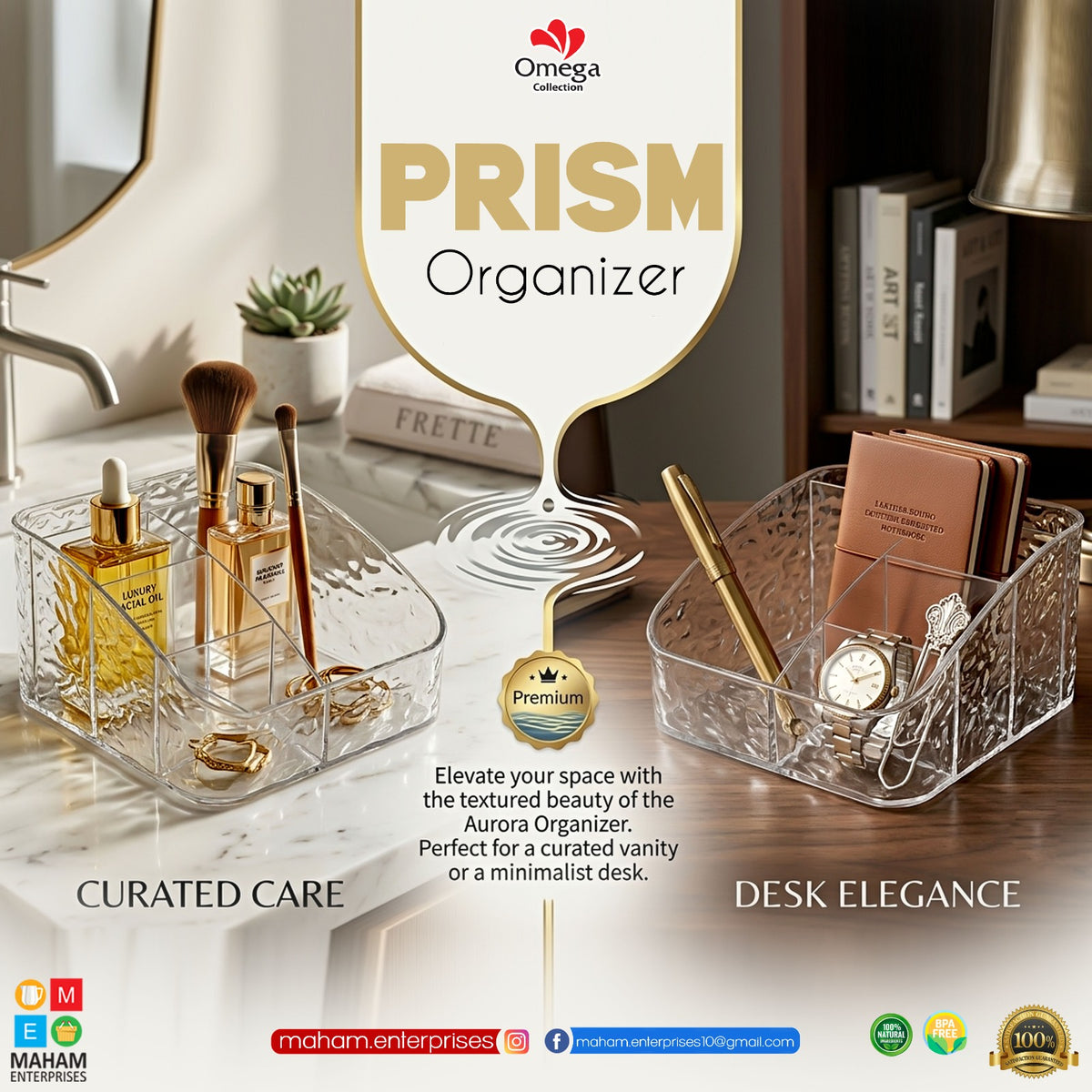 Prism Organizer Clear Multi-Compartment Storage Box – Transparent Makeup, Skincare & Bathroom Vanity Organizer