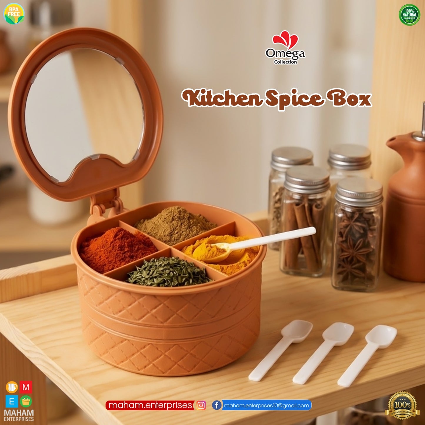 Kitchen Spice Box with Mirror Lid | 4 Compartment Masala Storage Organize