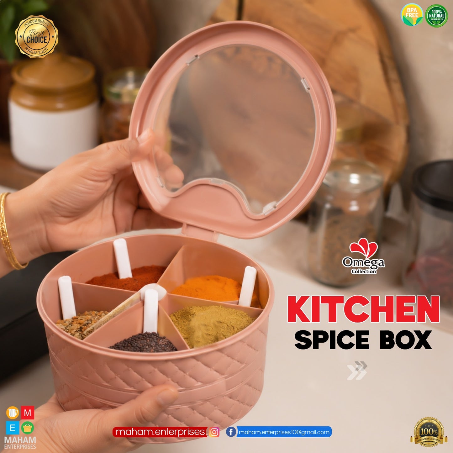 Kitchen Spice Box with Mirror Lid | 4 Compartment Masala Storage Organize