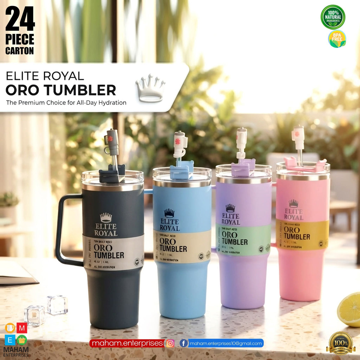 Oro Tumbler Insulated Travel Mug with Handle, Straw & Lid | Reusable Stainless Steel Cup