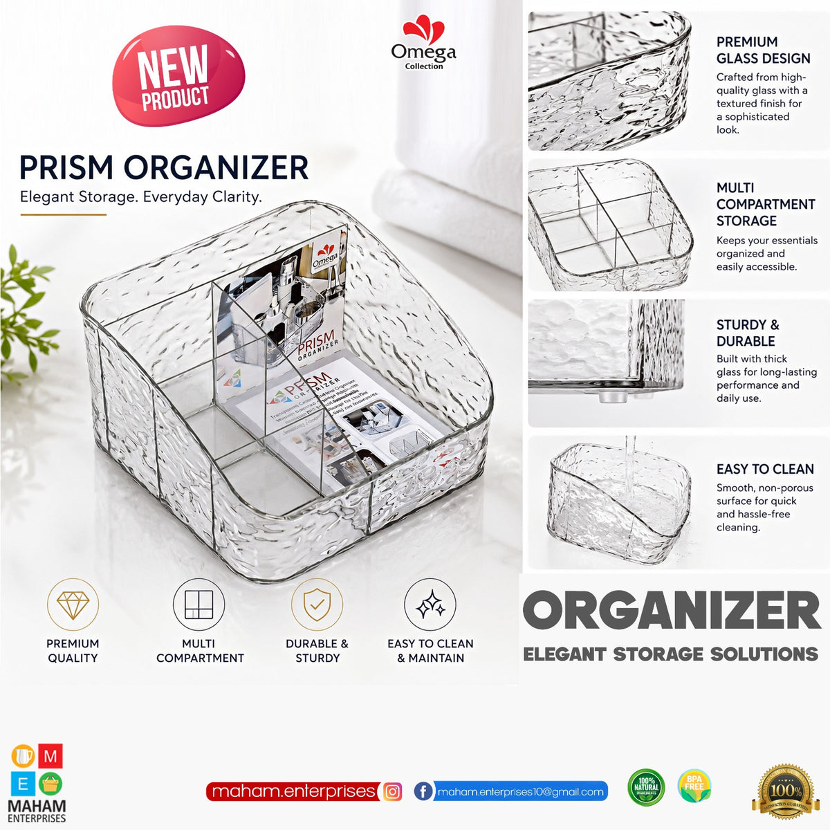 Prism Organizer Clear Multi-Compartment Storage Box – Transparent Makeup, Skincare & Bathroom Vanity Organizer