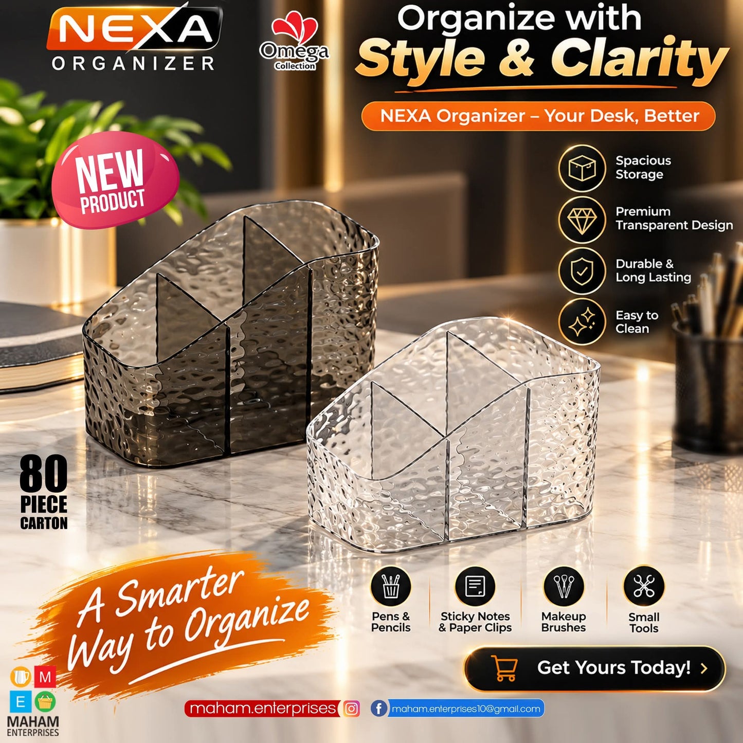 Nexa 3-Compartment Desk Organizer | Transparent Storage Box for Stationery, Makeup & Small Accessories