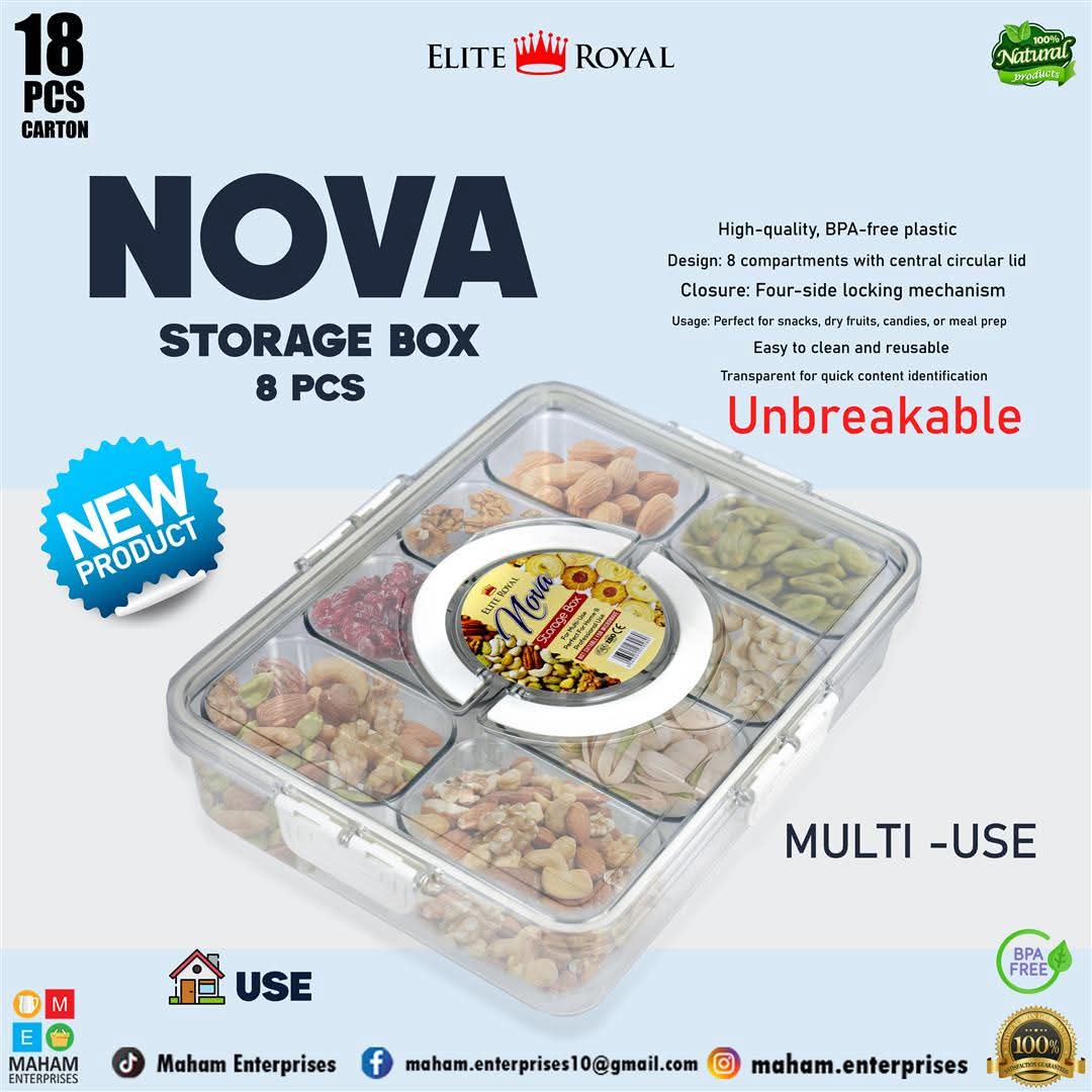 NOVA Multi-Compartment Storage Box | BPA-Free Unbreakable Plastic | Airtight Lock | Dry Fruits, Snacks & Kitchen Organizer