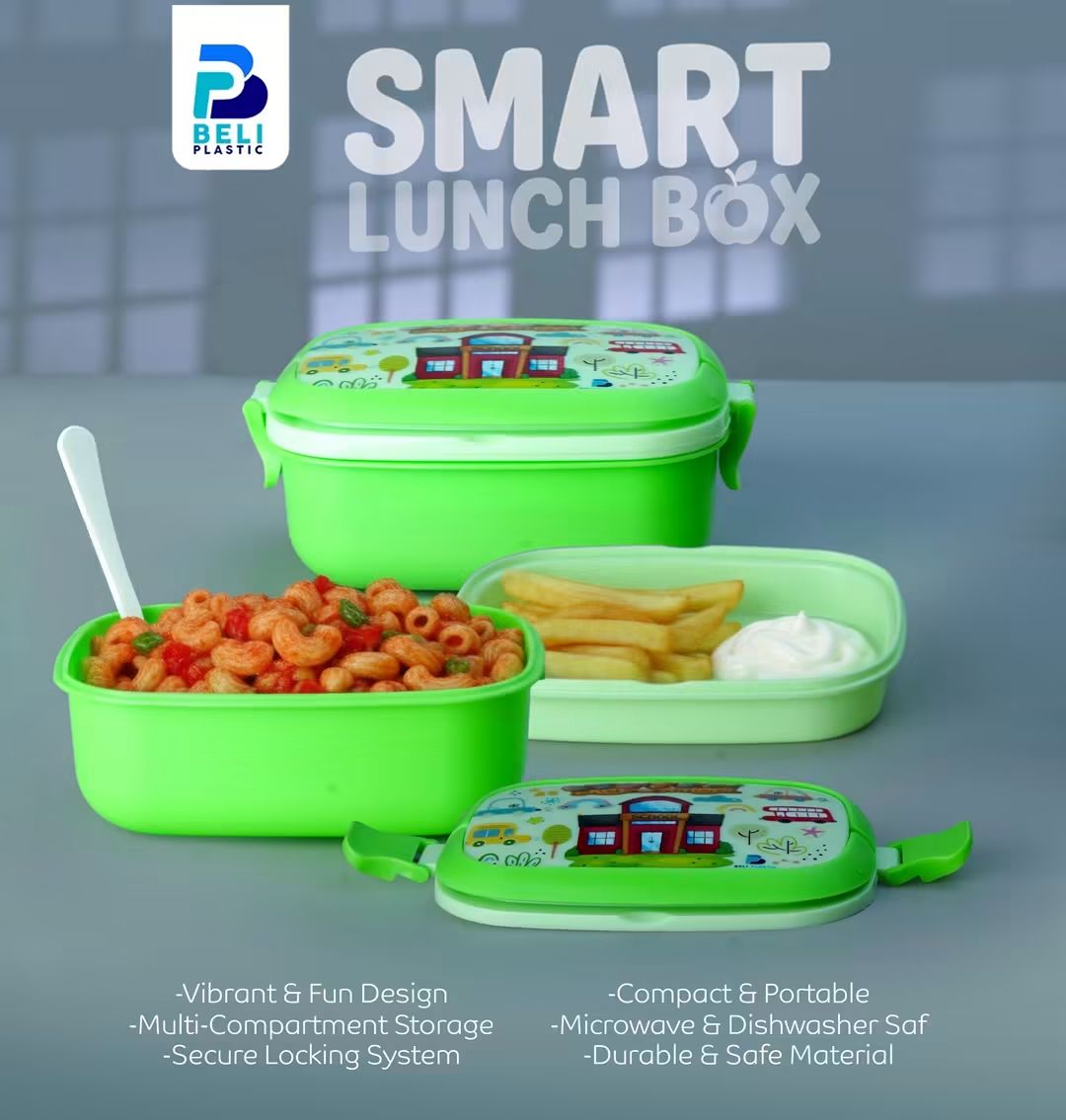 Smart Kids Lunch Box | 2-Compartment Plastic Lunch Box with Spoon | BPA-Free Food Storage Container