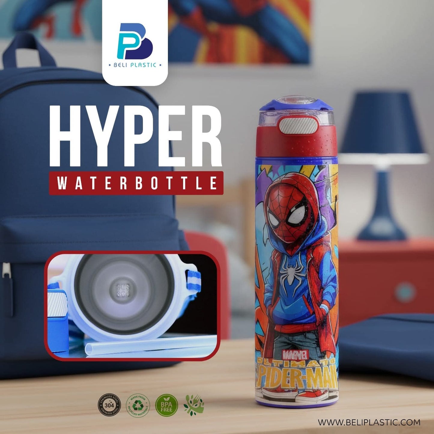 Hyper Character Printed Water Bottle with Steel Inner – Available in 450ml & 650ml | Flip Top School Water Bottle