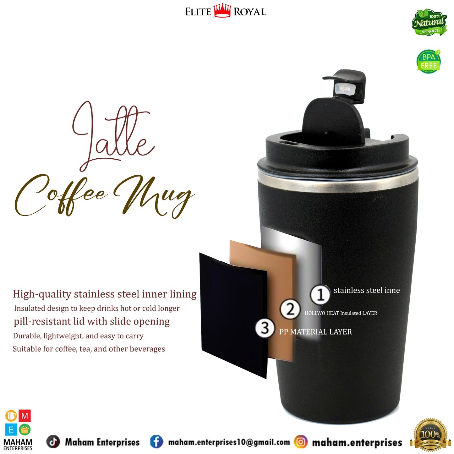 Elite Royal Insulated Coffee Mug with Flip Lid | BPA-Free Travel Cup for Hot & Cold Drinks
