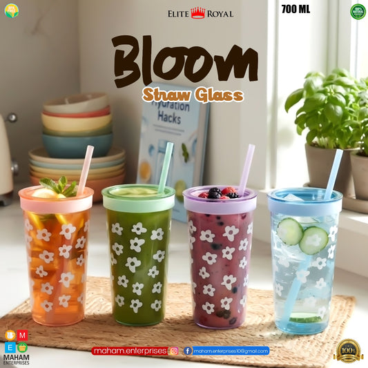Elite Royal Bloom Straw Glass 700ml | BPA-Free Reusable Drinking Cup with Straw