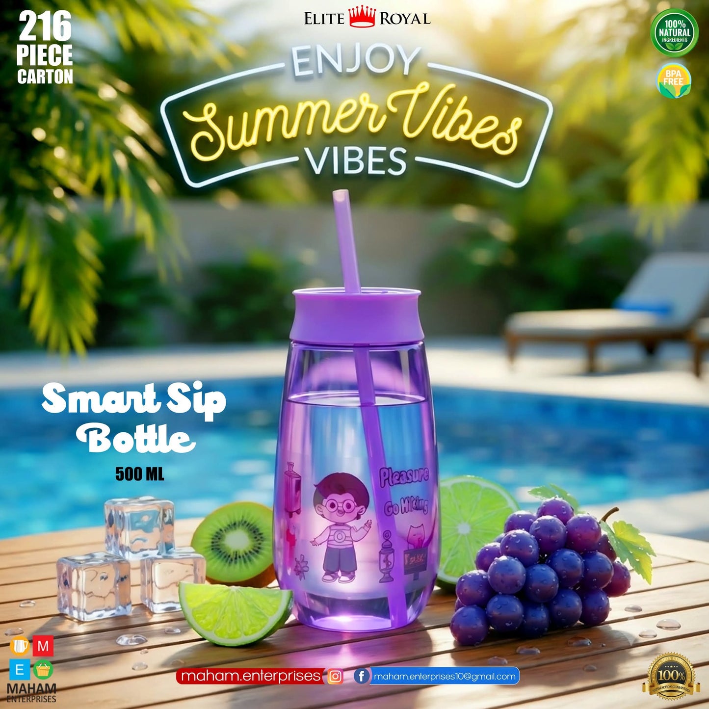 Elite Royal Smart Sip Bottle 500ml | BPA-Free Kids Water Bottle with Straw