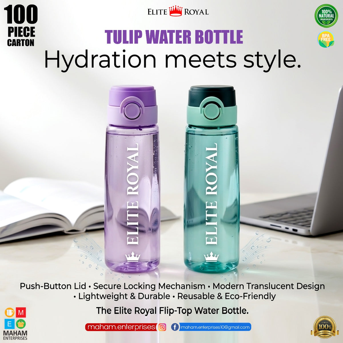 Fashion Tulip Water Bottle 750ML – BPA Free Leakproof Sports Water Bottle with Lock Cap & Measurement Scale