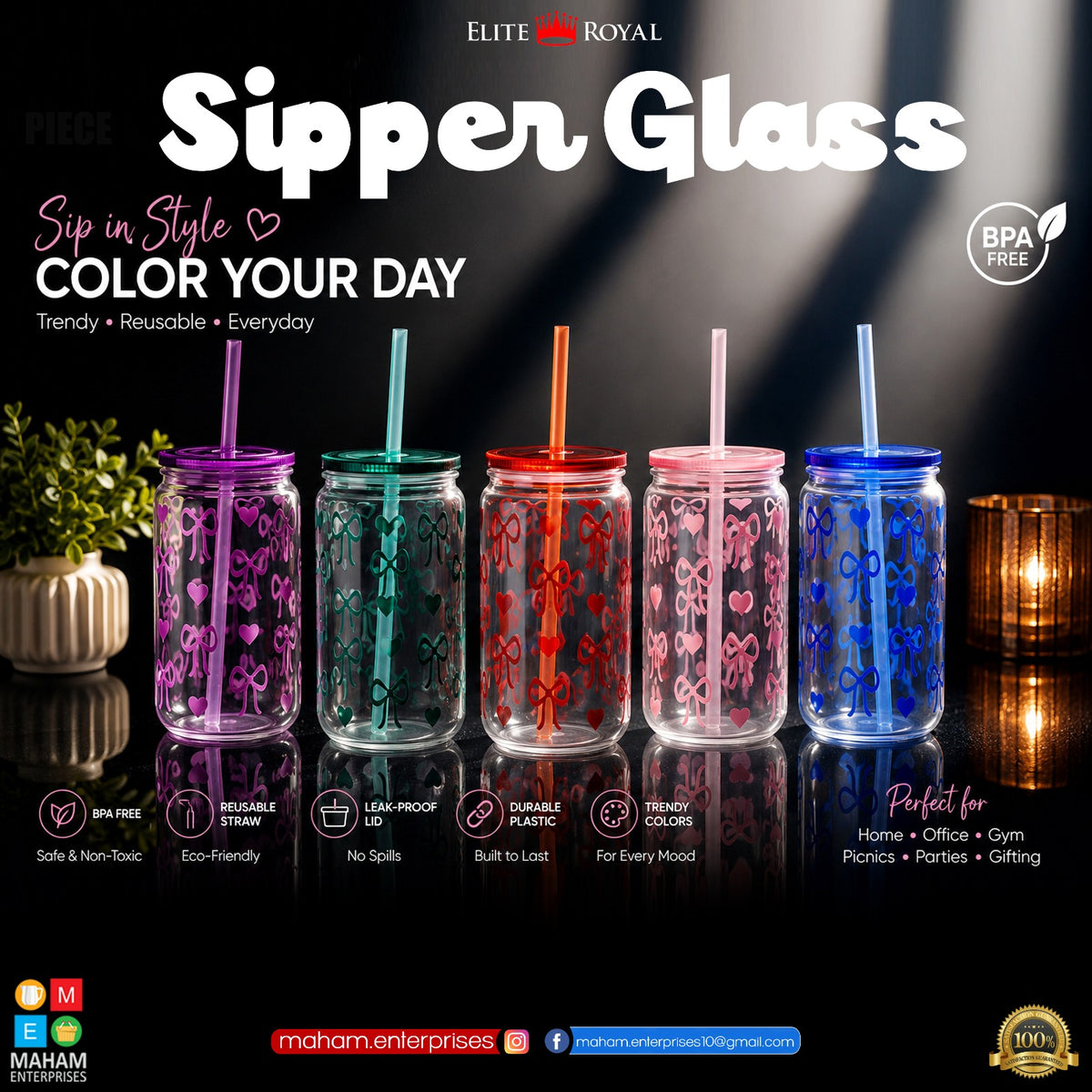 Super Glass Style 500ml Plastic Tumbler with Straw | Trendy Printed Reusable Drinking Cup