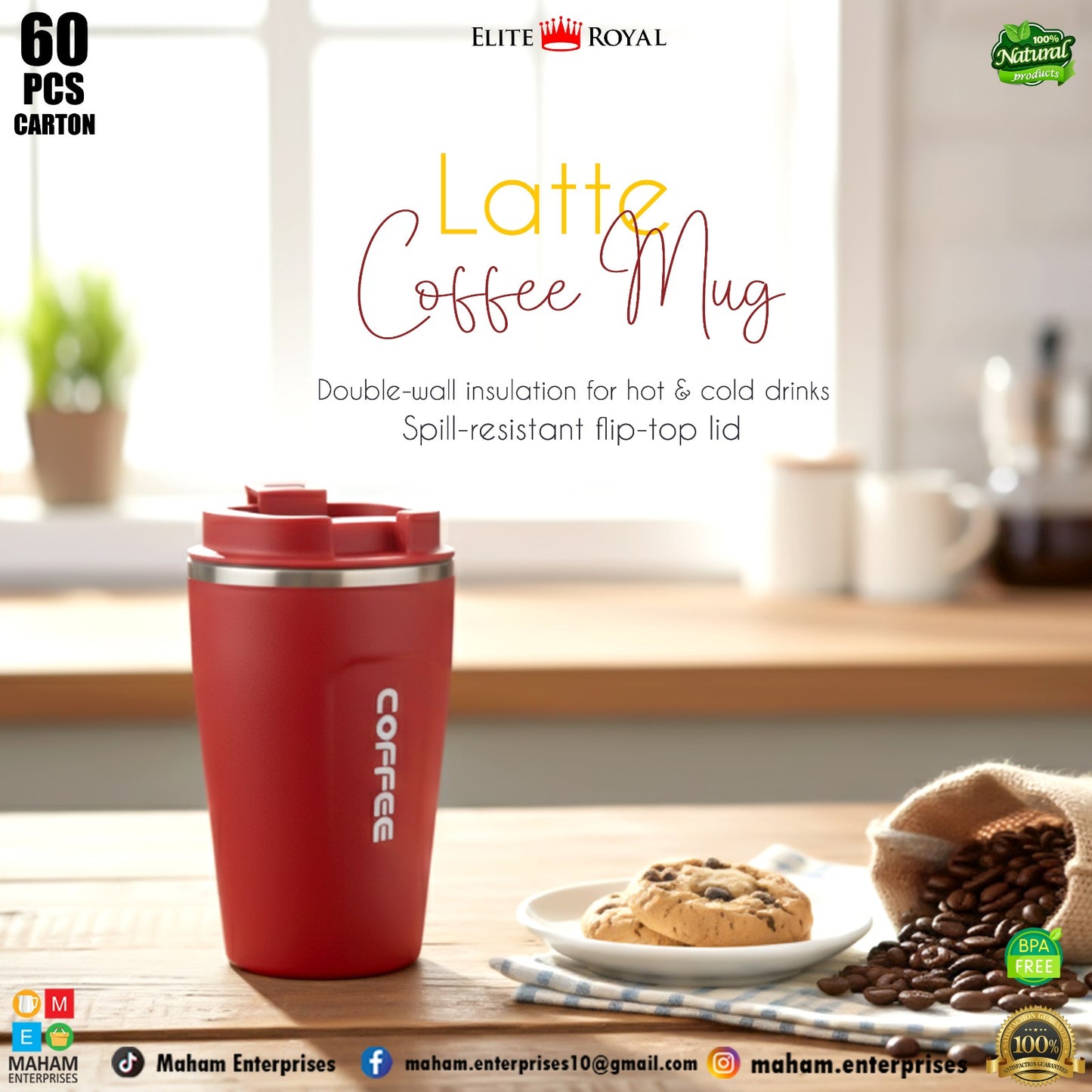 Elite Royal Insulated Coffee Mug with Flip Lid | BPA-Free Travel Cup for Hot & Cold Drinks