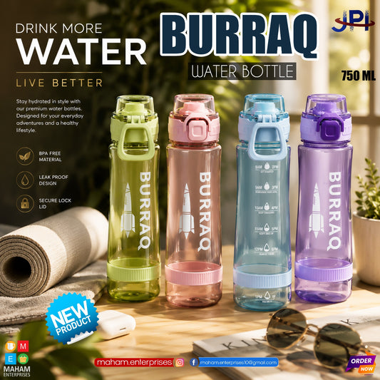 Burraq Water Bottle 750ml | BPA-Free Leak-Proof Bottle with Secure Lock Lid