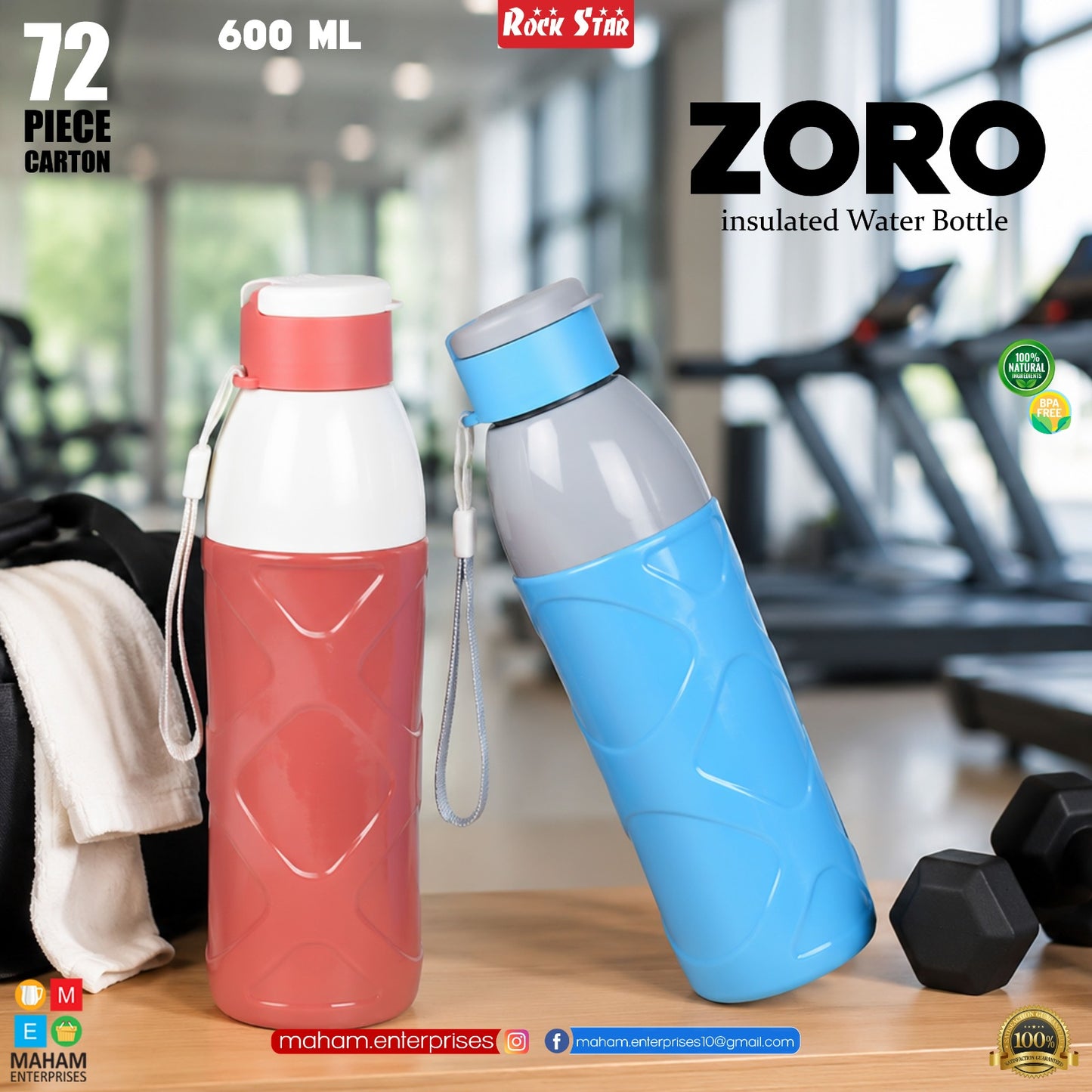 Zoro 600ml Insulated Water Bottle | Leak-Proof BPA-Free Sports Bottle with Carry Strap