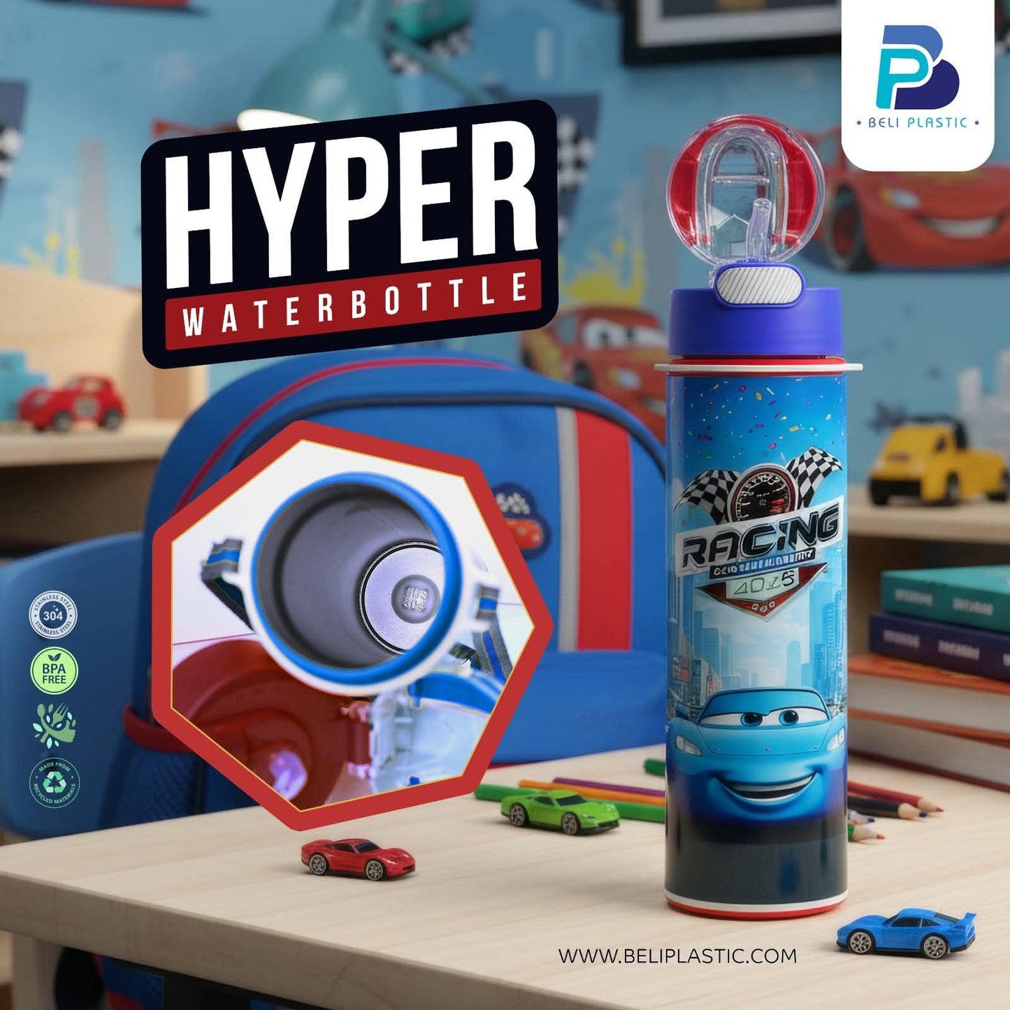 Hyper Character Printed Water Bottle with Steel Inner – Available in 450ml & 650ml | Flip Top School Water Bottle
