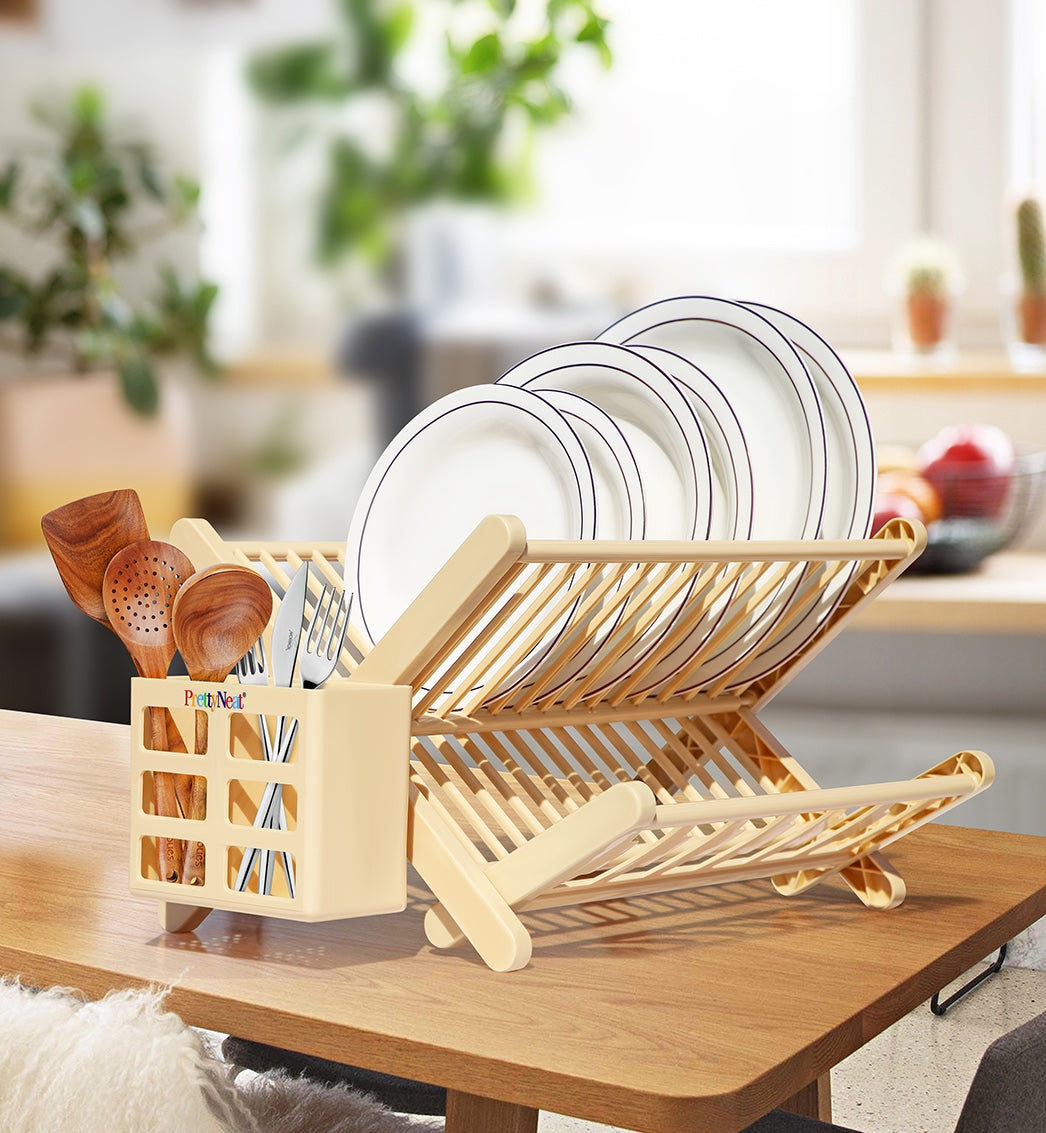 Foldable Plate Drying Rack with Cutlery Holder | 2-Tier Kitchen Dish Drainer