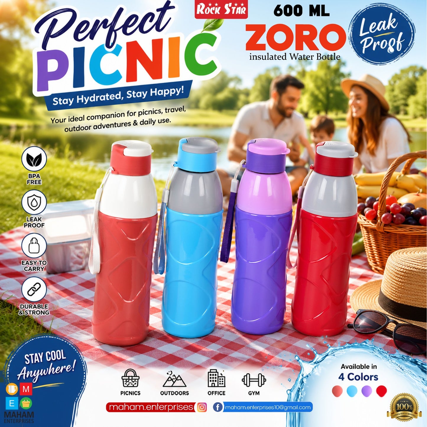 Zoro 600ml Insulated Water Bottle | Leak-Proof BPA-Free Sports Bottle with Carry Strap