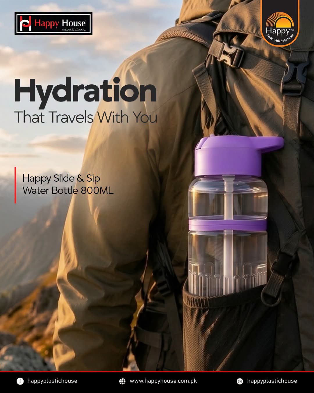 Happy Slide & Sip Water Bottle 800ML with Straw | Leakproof BPA-Free Water Bottle