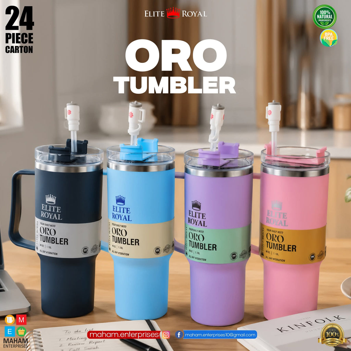 Oro Tumbler Insulated Travel Mug with Handle, Straw & Lid | Reusable Stainless Steel Cup