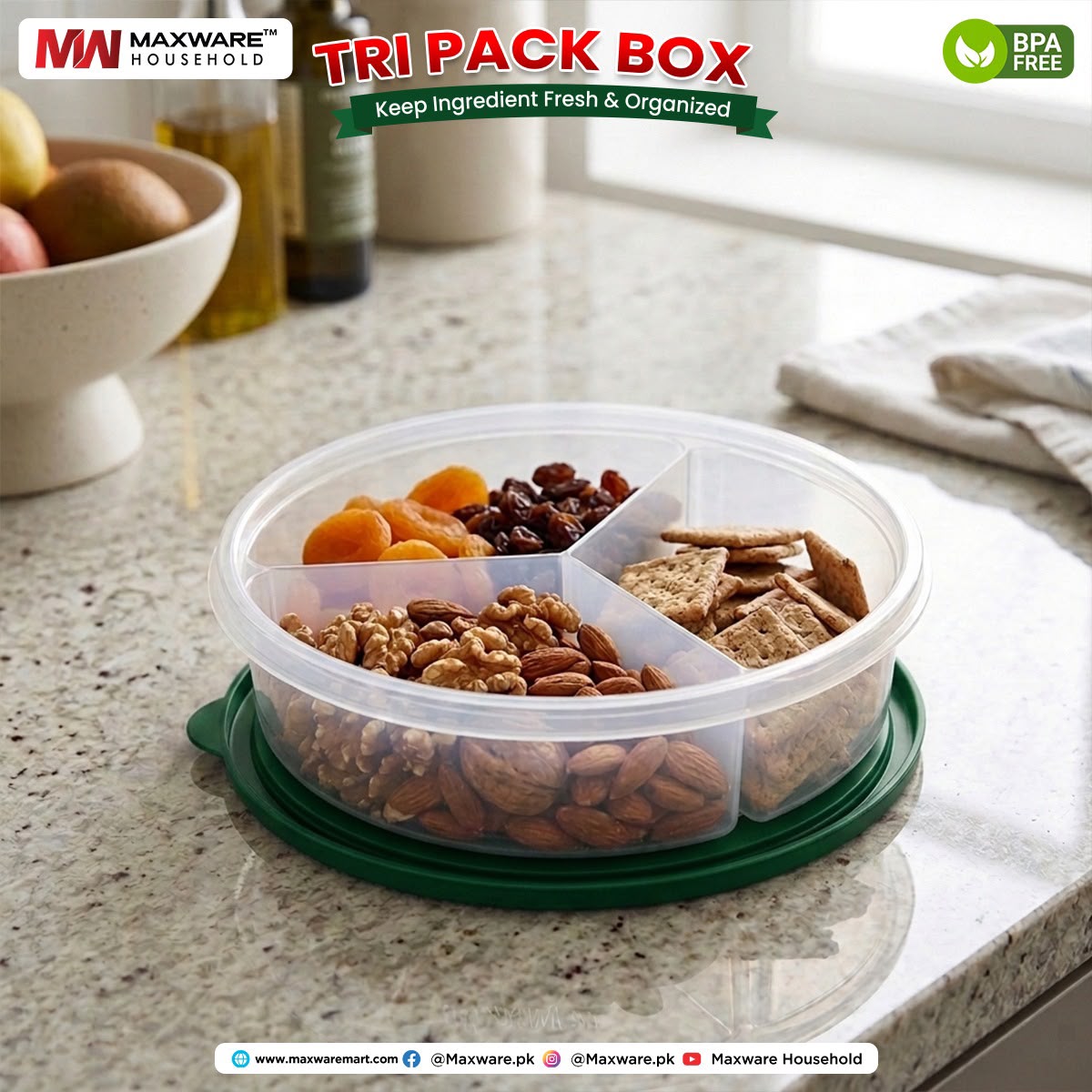 Tri Pack Box 3-Compartment Food Storage Container with Lid