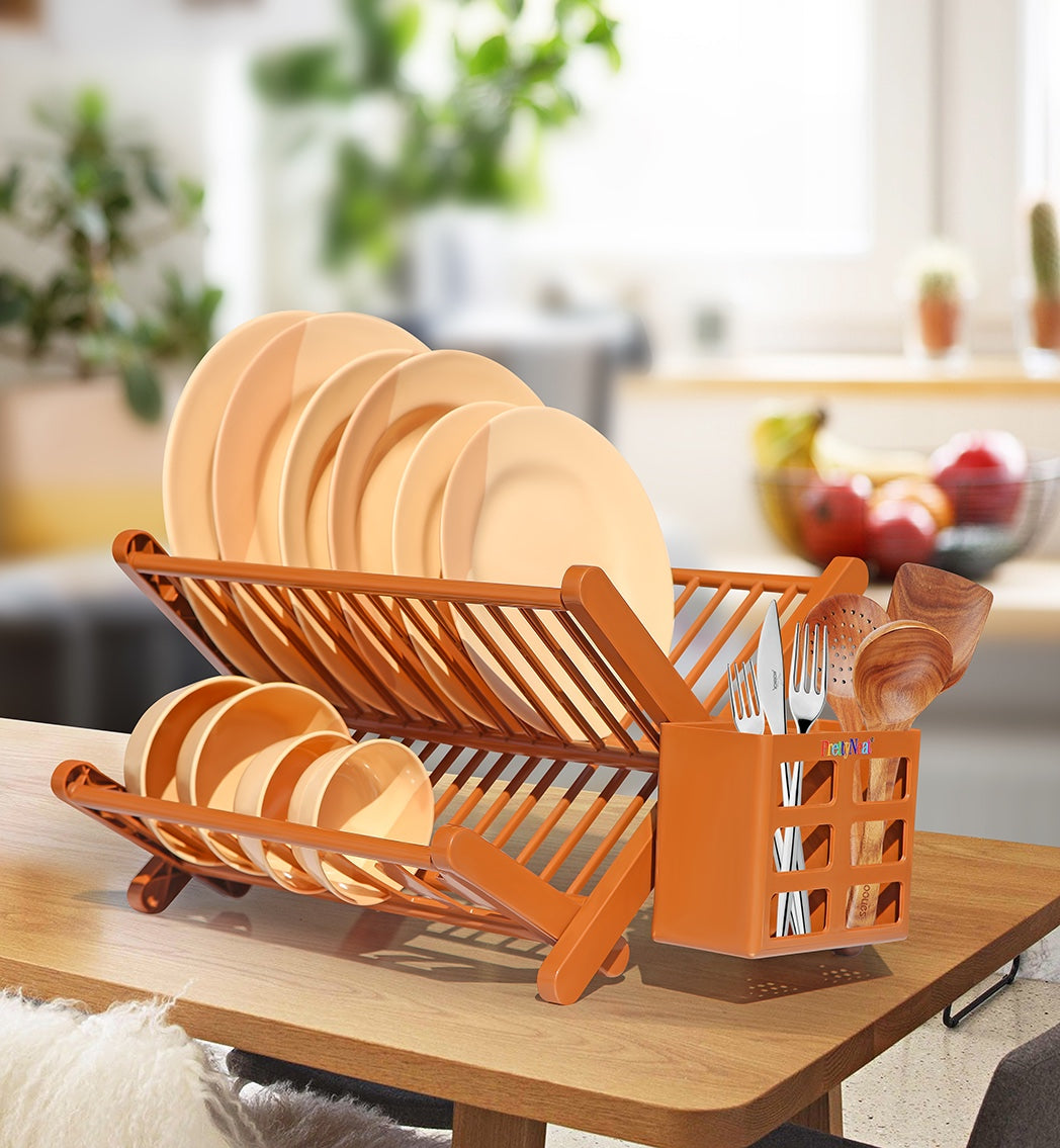 Foldable Plate Drying Rack with Cutlery Holder | 2-Tier Kitchen Dish Drainer