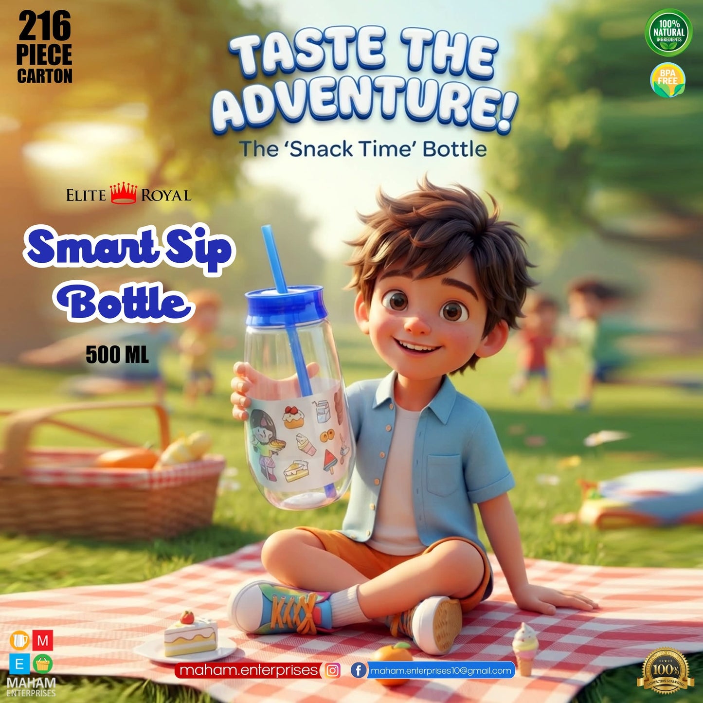 Elite Royal Smart Sip Bottle 500ml | BPA-Free Kids Water Bottle with Straw