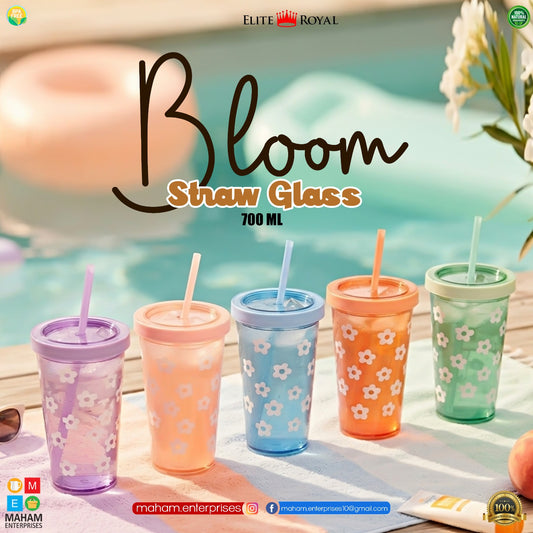 Elite Royal Bloom Straw Glass 700ml | BPA-Free Reusable Drinking Cup with Straw
