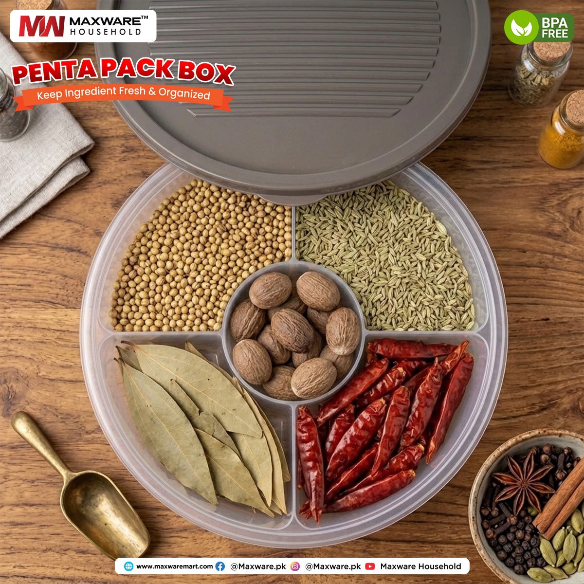 Penta Pack Box 5-Compartment Spice & Food Storage Container with Lid