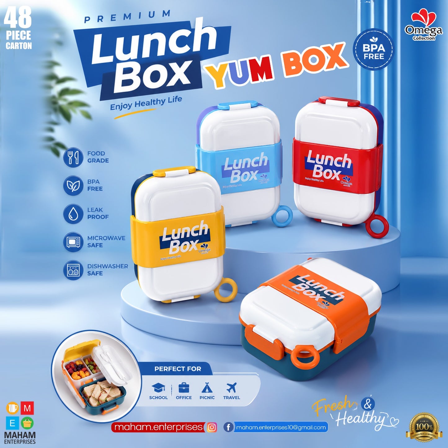YumBox 3-Compartment Kids Lunch Box with Spoon, Fork & Sauce Container
