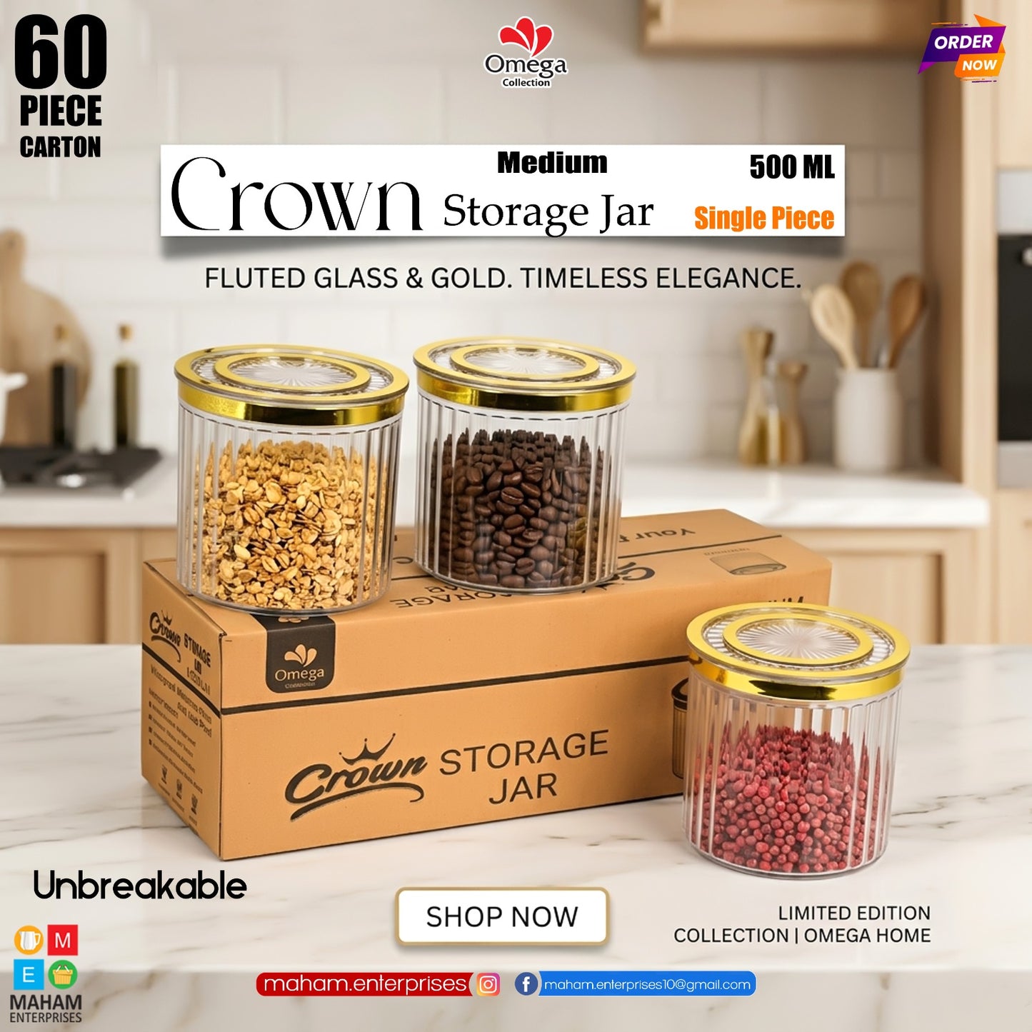 Crown 500ml Storage Jar with Golden Lid | Airtight Unbreakable Kitchen Container