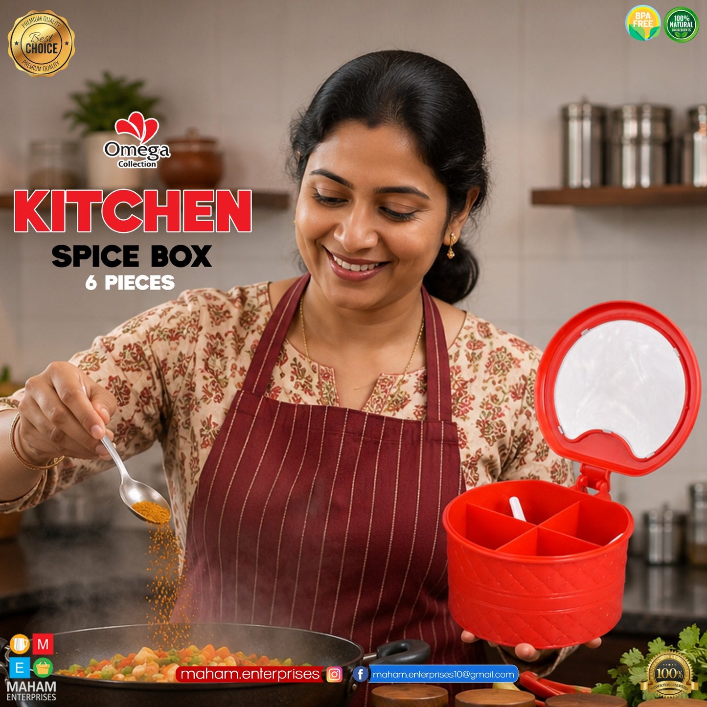 Kitchen Spice Box with Mirror Lid | 4 Compartment Masala Storage Organize