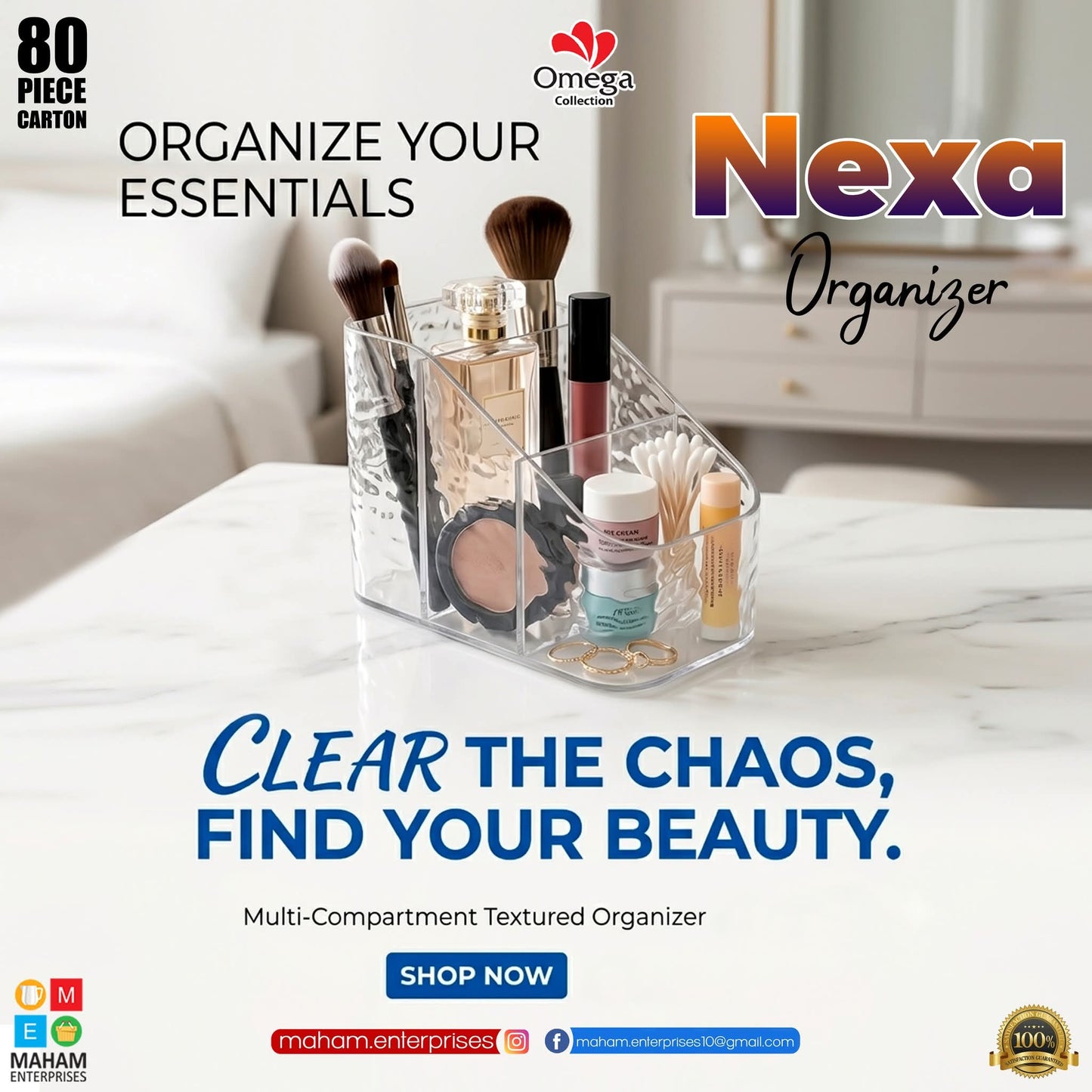 Nexa 3-Compartment Desk Organizer | Transparent Storage Box for Stationery, Makeup & Small Accessories
