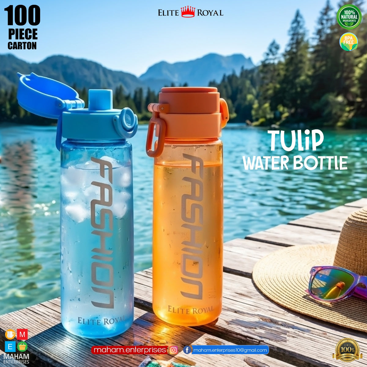Fashion Tulip Water Bottle 750ML – BPA Free Leakproof Sports Water Bottle with Lock Cap & Measurement Scale