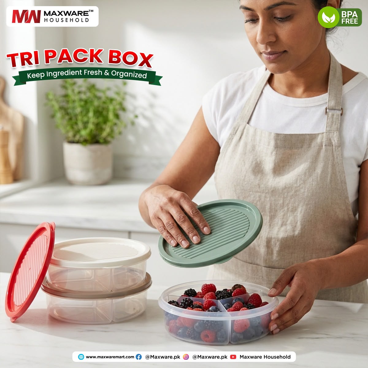 Tri Pack Box 3-Compartment Food Storage Container with Lid